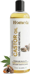 Homeda cold-pressed castor oil bottle with amber liquid, 200 ml.
