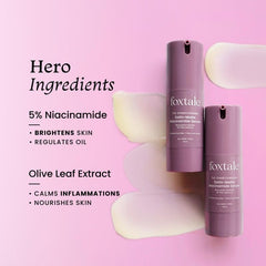 Foxtale niacinamide face serum bottles, purple dispenser bottles