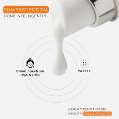 SkinQ sunscreen gel pouring in a white stream, with Broad Spectrum UVA and UVB icons