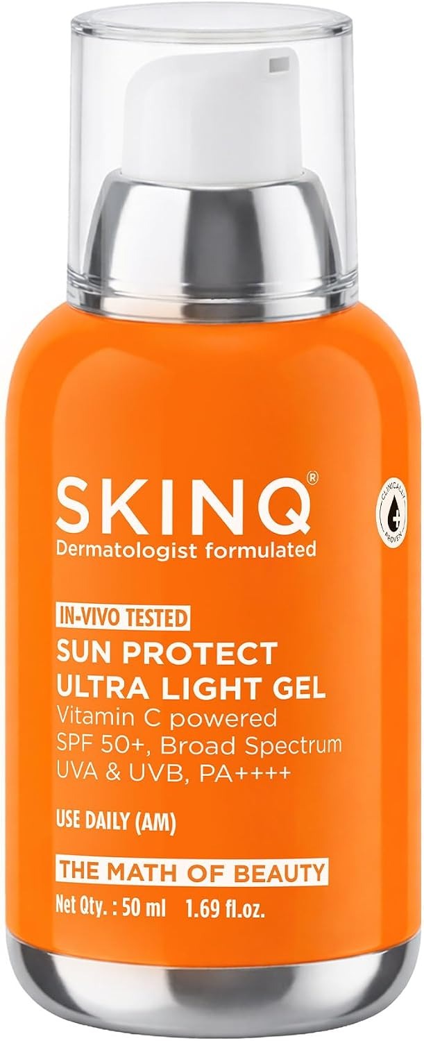 SkinQ Sun Protect ultra light gel bottle with orange label and clear cap, front view