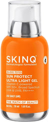 SkinQ Sun Protect ultra light gel bottle with orange label and clear cap, front view