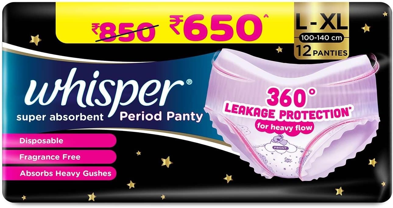 Pink disposable period panty with 360° leakage protection, shown on package