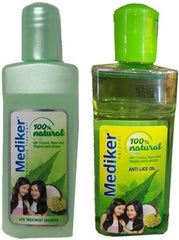 Mediker anti-lice treatment shampoo combo: green and gray bottles with 100% natural label