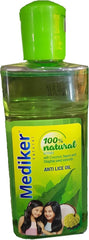 Mediker anti-lice treatment shampoo bottle with green cap, anti lice oil label