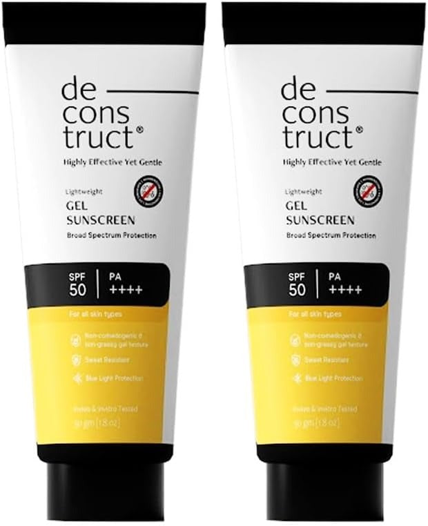 de construct face gel sunscreen, SPF 50 PA+++ tubes, black/white pack of 2