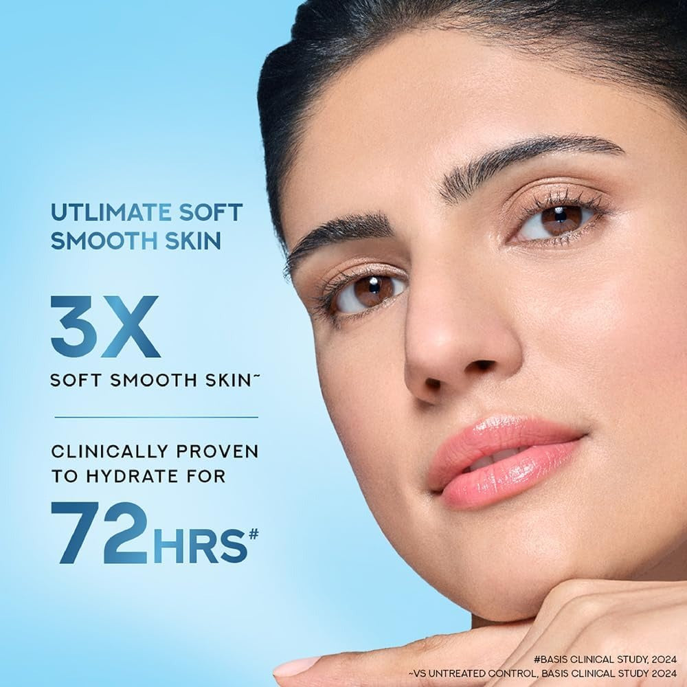 Woman with moisturizer applied on cheek, soft smooth skin and promotional text