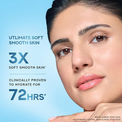 Woman with moisturizer applied on cheek, soft smooth skin and promotional text