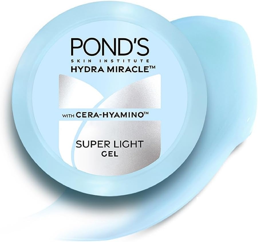 Pond's Hydra Miracle light gel in blue jar, front label and scoop
