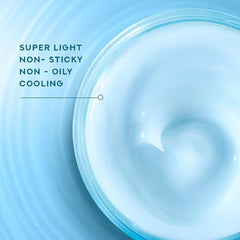 Light blue gel moisturizer in open jar, close-up of smooth gel swirl