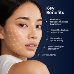 Woman's face with clear skin and fine lines near the eyes