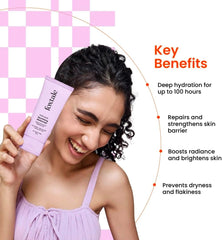 Foxtale nourishing face moisturizer tube held beside smiling woman’s cheek
