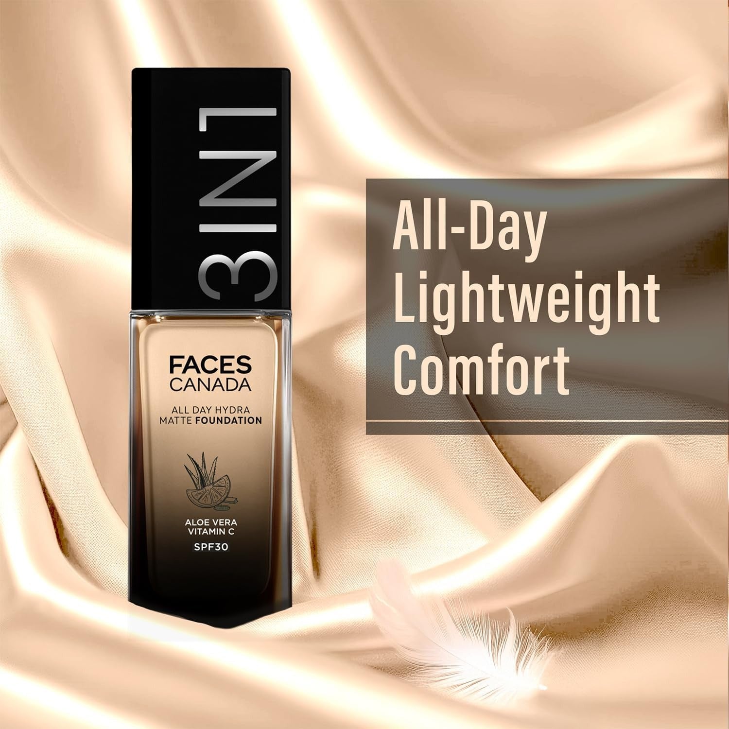 Hydra matte foundation bottle with All-Day lightweight comfort text, SPF30