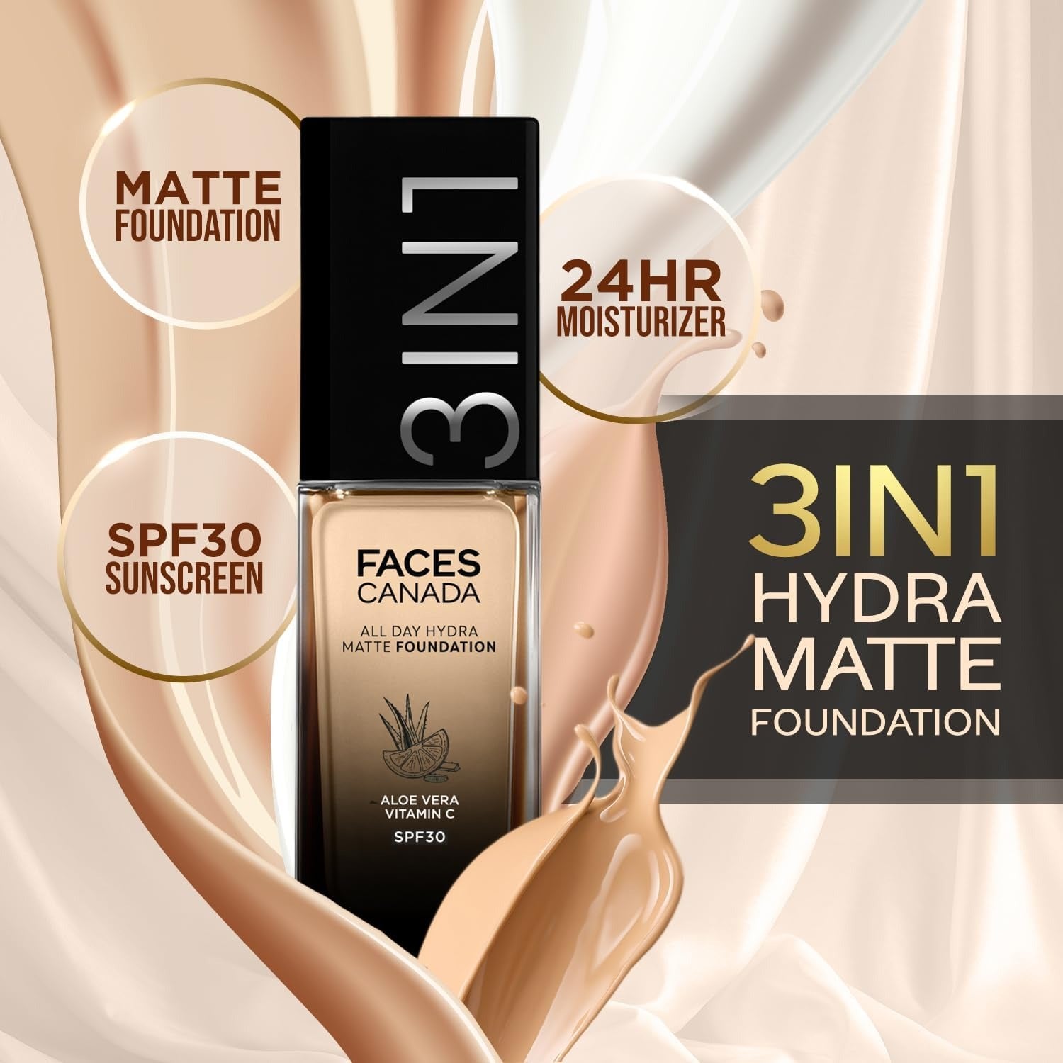 Matte foundation bottle showing SPF30 sunscreen and 3-in-1 Hydra matte text