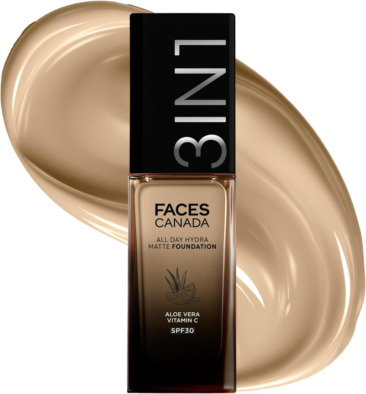 Hydra matte foundation bottle with beige swirl smear and Aloe Vera Vit C label