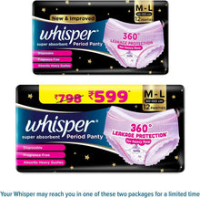 Two-pack retail boxes of disposable 360° period panty briefs, M-L size