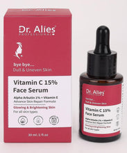 Vitamin C 15% face serum bottle with black dropper, magenta label, 30 ml box