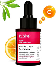 Vitamin C 15% face serum bottle with black dropper and citrus graphics, 30 ml