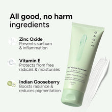 Mineral sunscreen tube with ingredient icons: zinc oxide & vitamin E, SPF 50