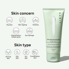 Mineral sunscreen tube beside skincare icons, SPF 50 PA++++