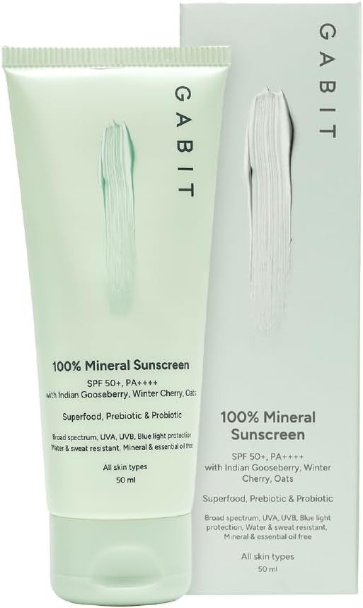 Gabit 100% Mineral Sunscreen SPF 50 PA++++ – Water & Sweat Resistant, UVA/UVB & Blue Light Protection – 50ml