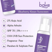bake Blueberry Kisses sunscreen bottle with pump, 2% Kojic Acid, SPF 70 PA++++