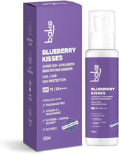 bake Blueberry Kisses sunscreen with box, purple pump bottle, SPF 70 PA++++