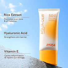 Asaya Aqua Dew SPF 50 PA+++ sunscreen tube with rice extract on label
