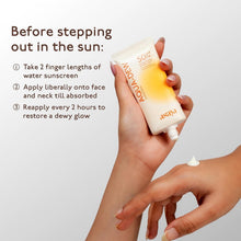 Asaya Aqua Dew SPF 50 sunscreen tube; small cream dollop on hand
