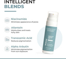 White pump face serum bottle with teal label on light background