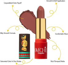 LoveChild masaba luxe matte lipstick bullet with caramel-brown swatch, red tube shown