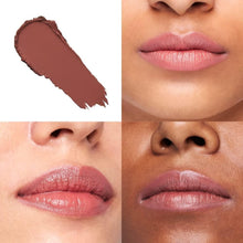 Caramel-brown matte lipstick swatch on lips, close-up