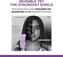 Sunscreen tube on UV shield infographic, “Invisible yet the strongest shield”