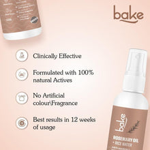 BAKE rosemary oil + rice water serum spray bottle, front view with icons