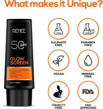 RENEE Glow Screen SPF 50 sunscreen cream tube with vegan and mineral free badges