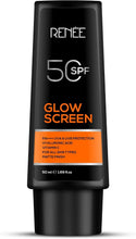 RENEE Glow Screen SPF 50 sunscreen cream tube, matte finish, black bottle with orange label