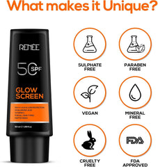 RENEE Glowscreen SPF 50 Sunscreen Cream 50ml | PA++++ UVA & UVB Protection | Hyaluronic Acid & Vitamin C | Matte, Non-Greasy & No White Cast