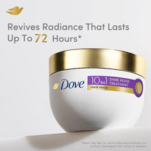Dove 10-in-1 Shine Revive hair mask jar with gold lid and purple label