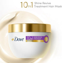 Dove 10-in-1 Shine Revive treatment hair mask jar with gold lid and purple label