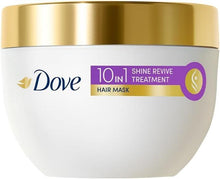 Dove Shine Revive 10-in-1 hair mask jar, gold cap and front purple label