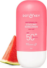 Watermelon cooling sunscreen in pink and white capless bottle with watermelon wedge