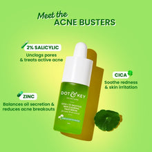Green face serum bottle with white dropper cap and cica leaf accents.