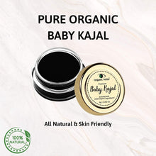 Baby kajal set with gold tin and open jar holding dark black kajal