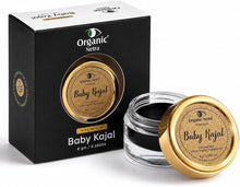 Baby kajal jar with open lid and black kajal, plus product box