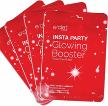 Pack of four e'clat Glowing Booster facial sheet masks, red pouches with glow text