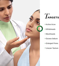 Dermatologist applying cleanser to woman's face, with acne targets list