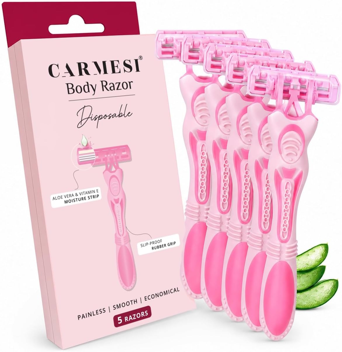 Carmesi Disposable Body Razors for Women | Pack of 5 | Aloe Vera & Vitamin E Moisture Strip | Smooth Body Hair Removal Razor | Slip-Proof Rubber Grip | Safe & Hygienic