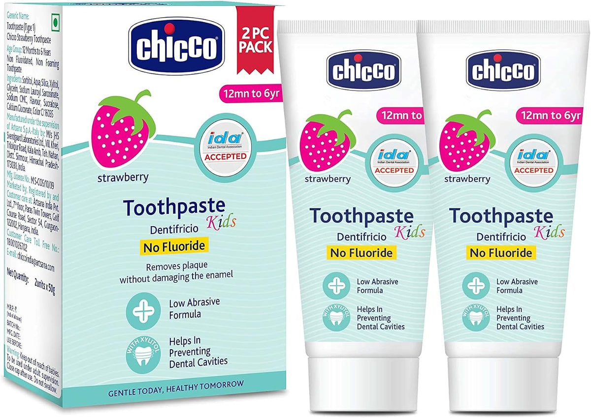 Chicco Toothpaste for Kids 1–6 Years | Strawberry Flavour | Fluoride-Free & Low Abrasive | Helps Remove Plaque & Prevent Cavities | 50g Each | Pack of 2