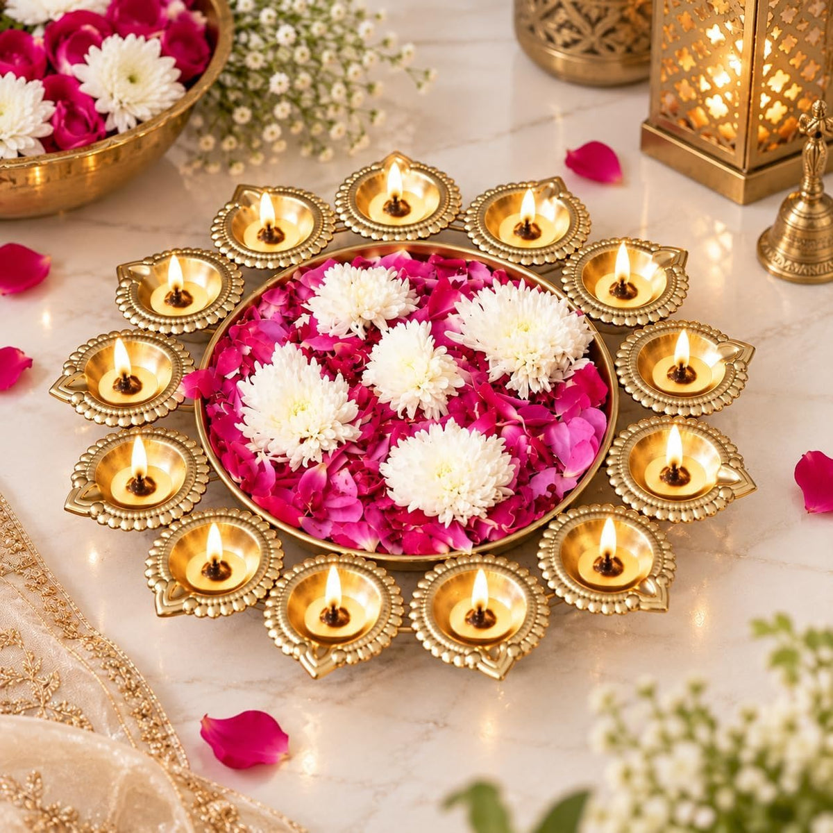 eCraftIndia Golden Metal Handcrafted Designer Urli with 13 Diyas | Decorative Urli Bowl Centerpiece for Home, Living Room & Pooja Decor | Diwali & Festive Decoration | Gift for Special Occasions