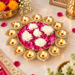 eCraftIndia Golden Metal Handcrafted Designer Urli with 13 Diyas | Decorative Urli Bowl Centerpiece for Home, Living Room & Pooja Decor | Diwali & Festive Decoration | Gift for Special Occasions