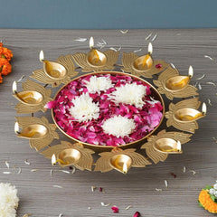 eCraftIndia Golden Metal Handcrafted Traditional Designer Urli with 9 Lotus Shape Diyas | Decorative Home Decor Centerpiece | Diwali, Pooja & Festive Decoration | Housewarming Gift
